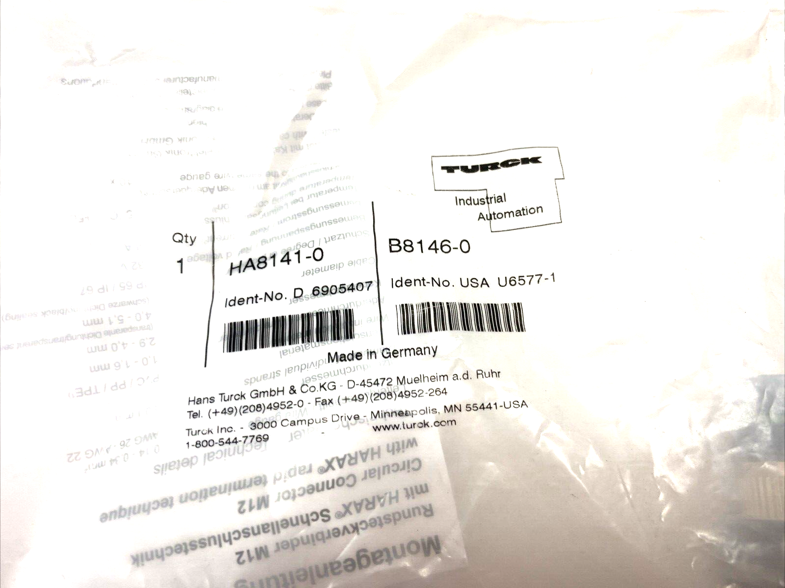 Turck HA8141-0 Field Wireable Connector B8146-0 Ident-No. 6905407, U6577-1 - Maverick Industrial Sales