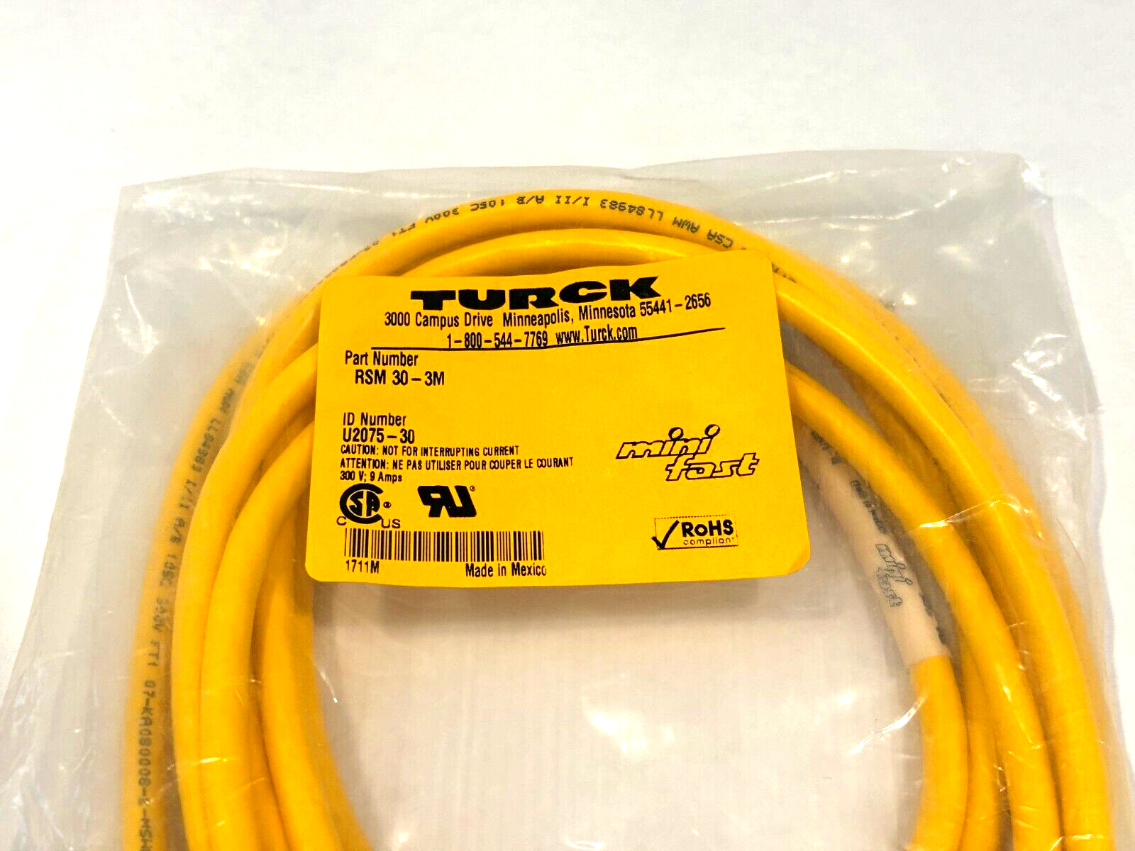 Turck RSM 30-3M Minifast Cable Cordset, 7/8" Male Connector, U2075-30, 1711M - Maverick Industrial Sales