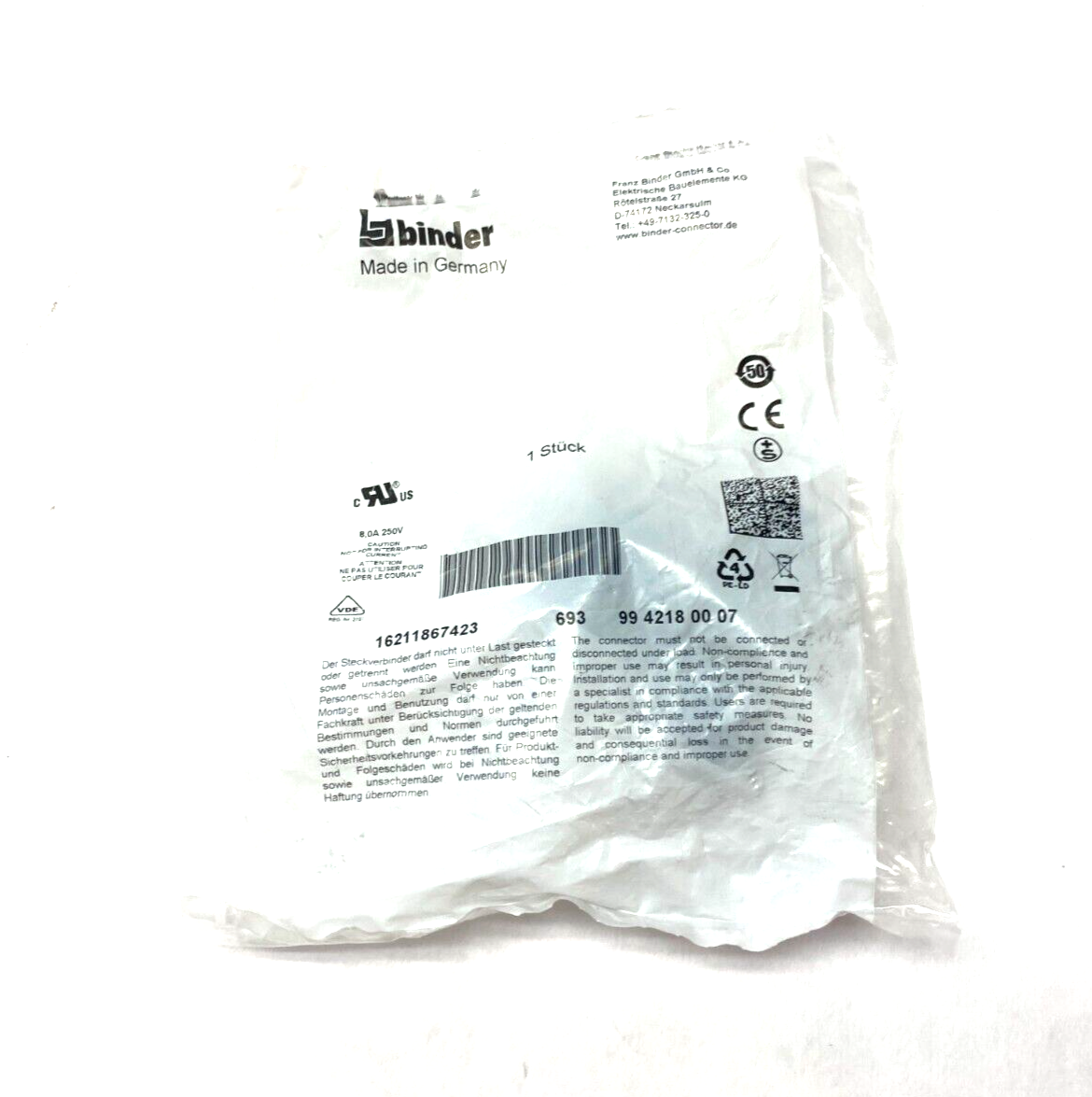 Binder 9942180007 RD24 Female Cable Connector Contacts: 6+PE, 6.0-8.0mm IP67 - Maverick Industrial Sales