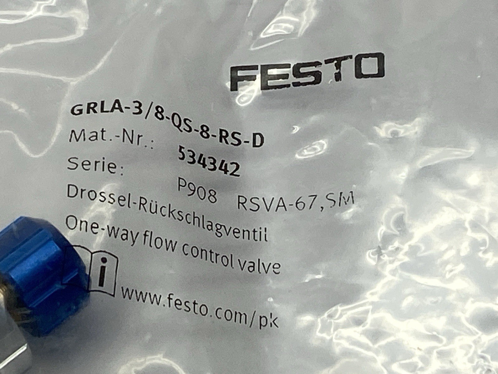 Festo GRLA-3/8-QS-8-RS-D One Way Flow Control Valve QS-8 534342 - Maverick Industrial Sales