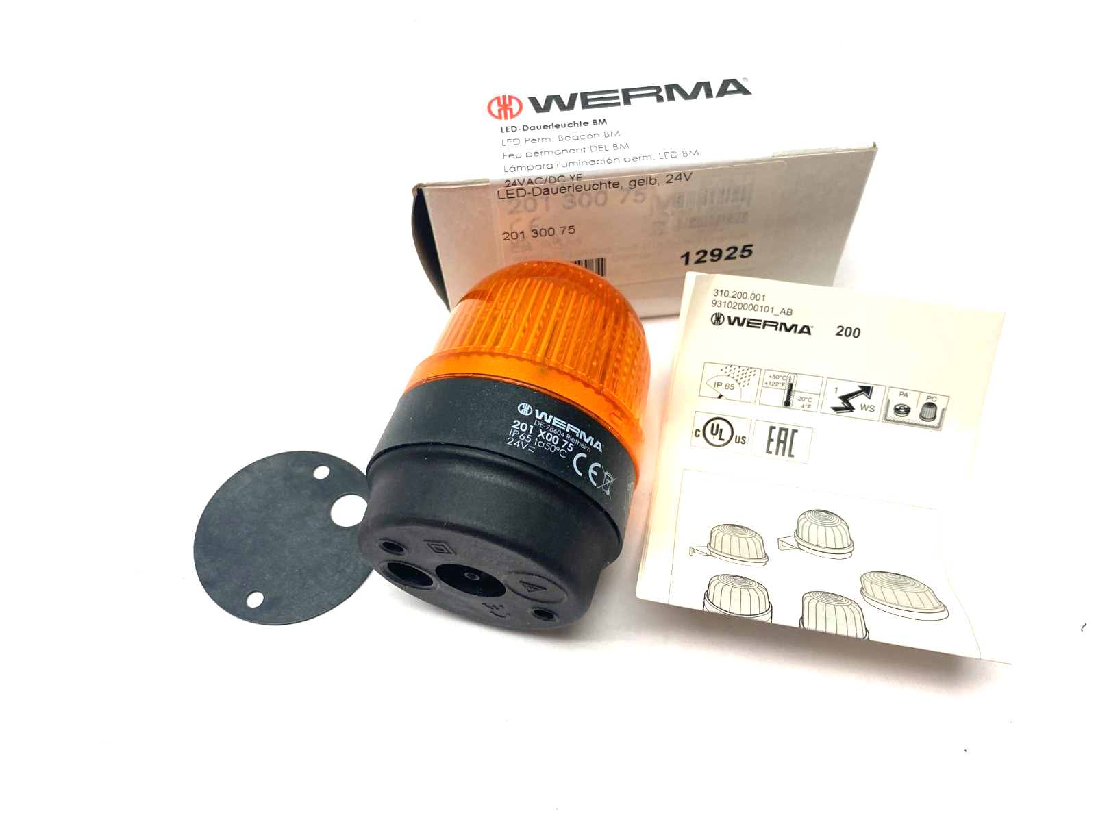 Werma 201 300 75 Permanent LED Beacon BM 24V AC/DC Yellow - Maverick Industrial Sales