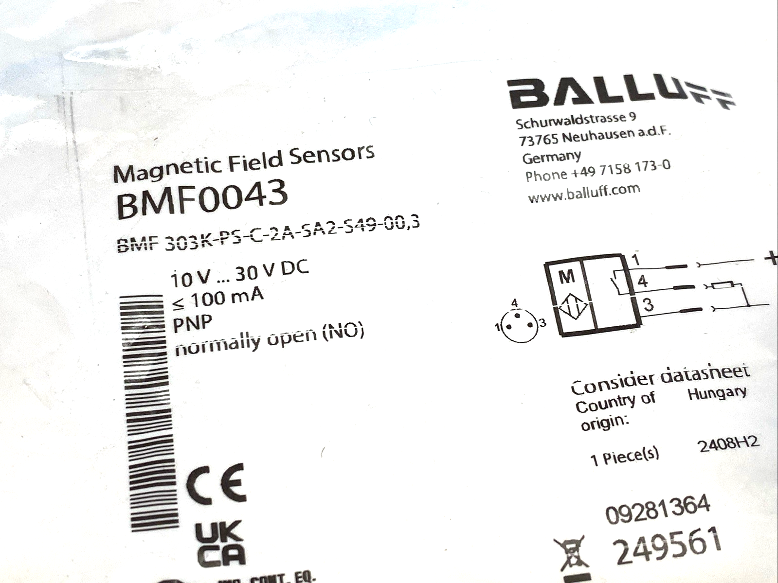 Balluff BMF0043 Magnetic Field Sensor BMF 303K-PS-C-2A-SA2-S49-00,3 - Maverick Industrial Sales