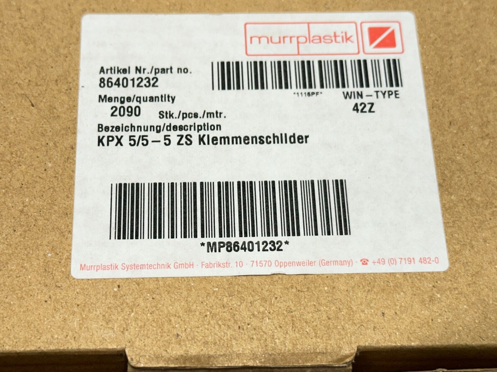 Murrplastik 86401232 Labeling Type KPX 5/5-5 ZS WIN-Type 42Z LOT OF 1980 - Maverick Industrial Sales