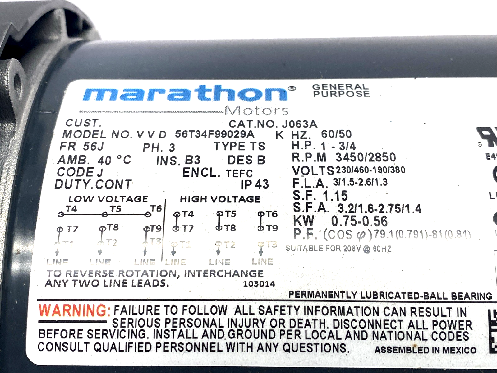 Marathon J063A Jet Pump Motor V V D 56T34F99029 K 3PH 1HP 0.75kW 230/460V - Maverick Industrial Sales
