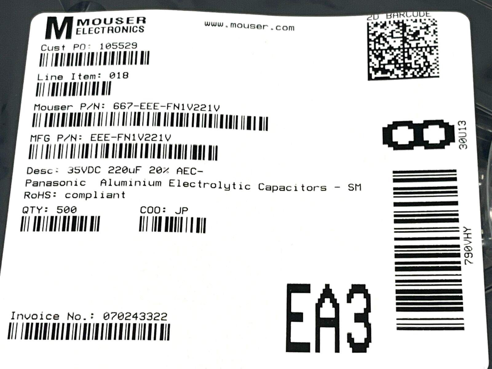 Panasonic EEE-FN1V221V Aluminum Electrolytic Capacitors SMD 35VDC 220uF 500QTY - Maverick Industrial Sales