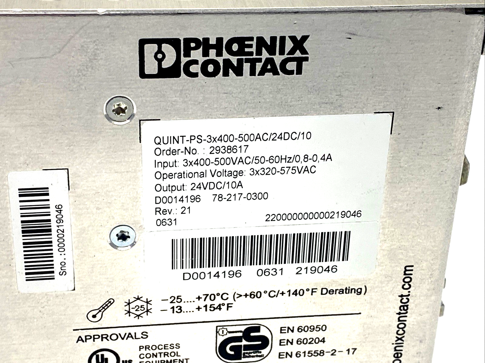 Phoenix Contact QUINT-PS-3X400-500AC/24DC/10 Power Supply 3PH 24VDC 10A 2938617 - Maverick Industrial Sales