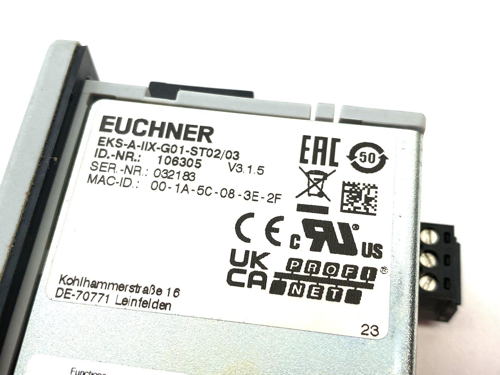 EKS-A-IIX-G01-ST02/03 | Euchner PROFINET Interface Electronic Key Adapter 106305 - Used - Maverick Industrial Sales