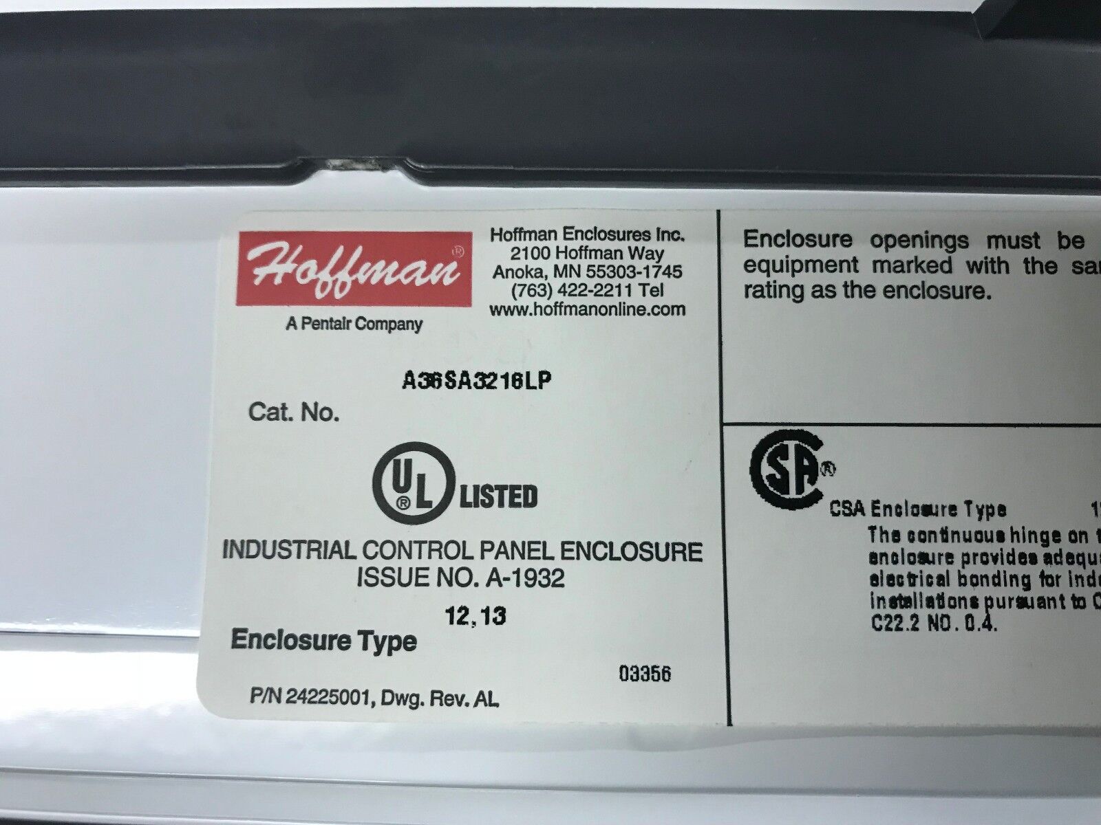 Hoffman A36SA3216LP Disconnect Enclosure w/ Handle Type 12 36"x32"x16" 33080 - Maverick Industrial Sales