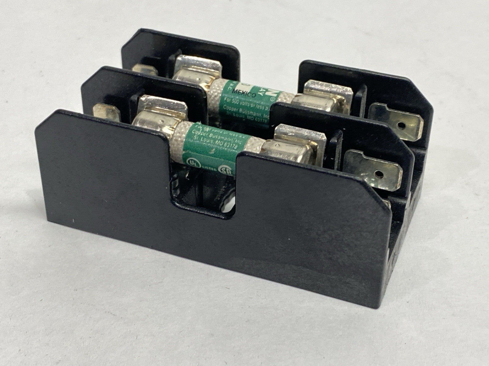 BM6032SQ | Bussmann 2-Pole Midget Fuse Block 30A 600V w/ TRON FNQ-3 Fuses - Used - Maverick Industrial Sales