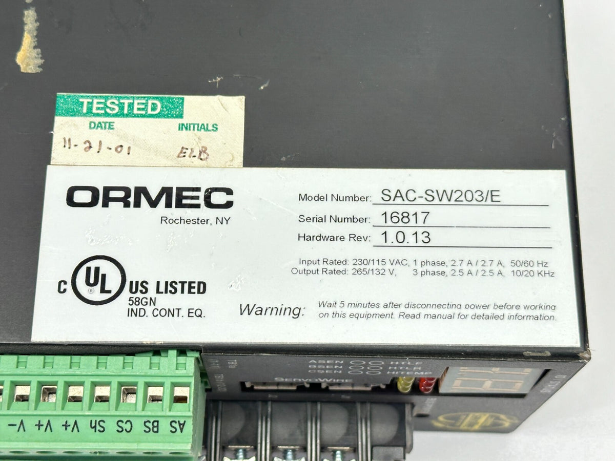 SAC-SW203/E | Ormec Rev 1.0.13 Servowire Servo Motor Drive Controller Encoder - Used - Maverick Industrial Sales