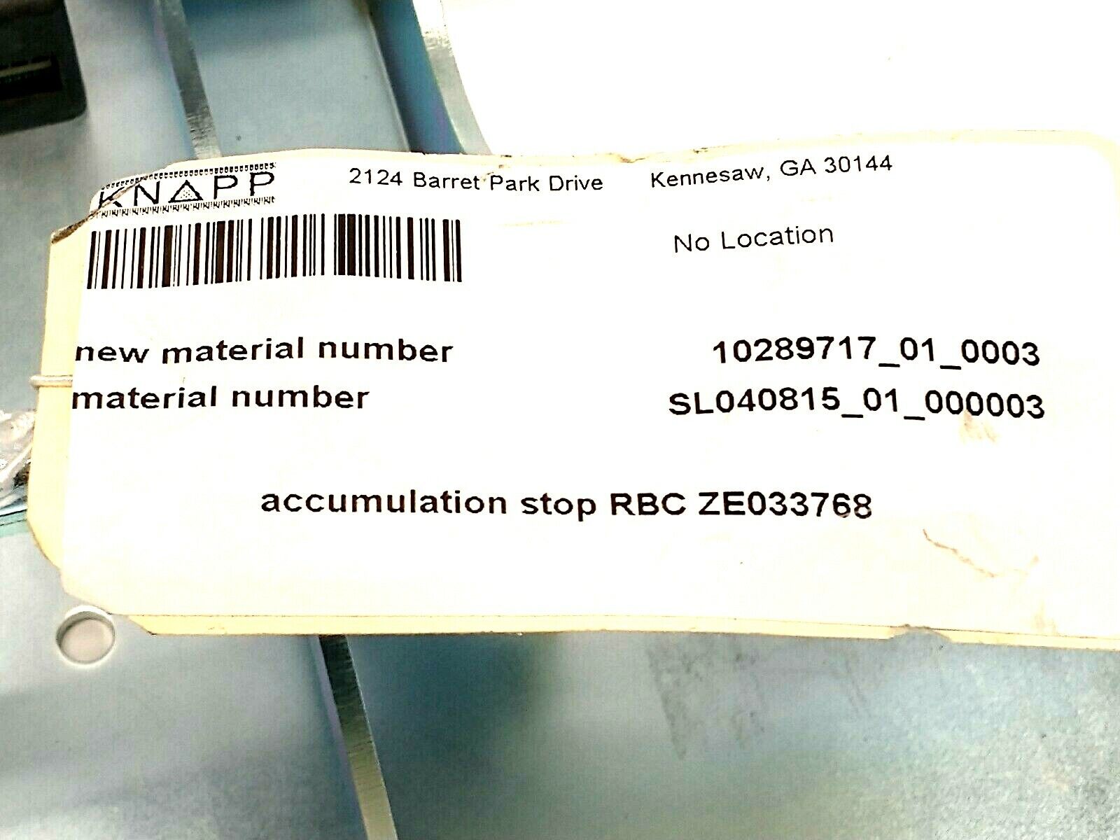 Knapp RBC ZE033768 Accumulation Stop 10289717_01_0003 SL040815_01_000003 - Maverick Industrial Sales