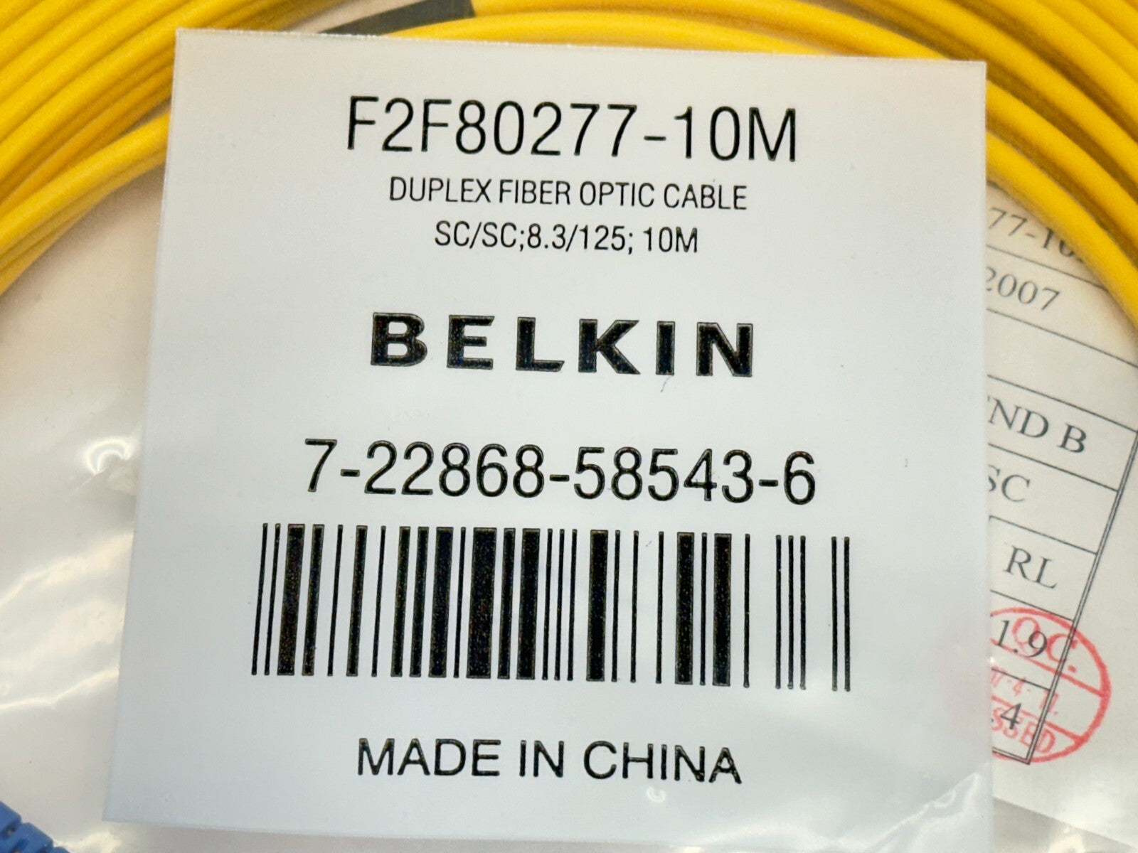 Belkin F2F80277-10M Duplex Fiber Optic Cable SC/SC:8.3/125 10m 7-22868-85843-6 - Maverick Industrial Sales