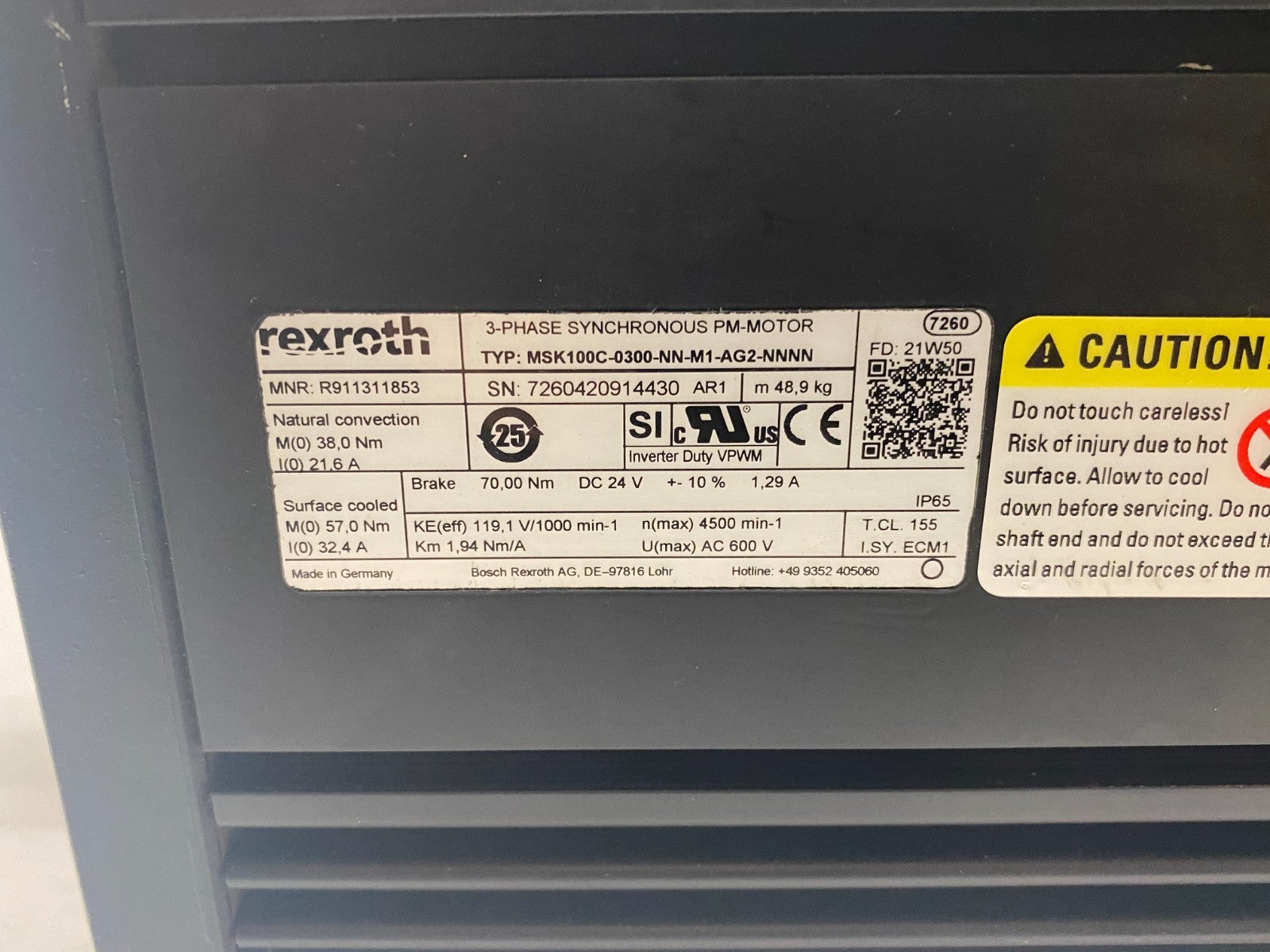 Rexroth R911311853 Synchronous Servo Motor MSK100C-0300-NN-M1-AG2-NNNN - Maverick Industrial Sales