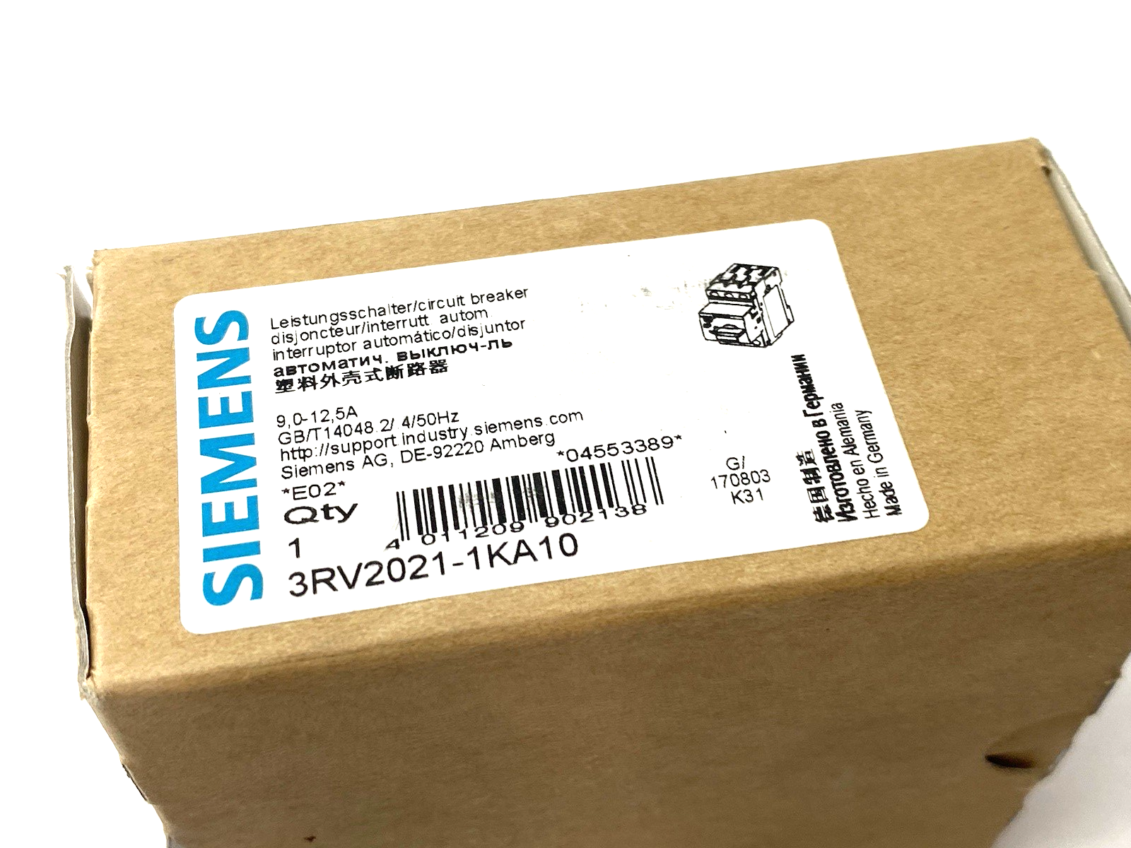 Siemens 3RV2021-1KA10 Circuit breaker Size S0 for Motor Protection 12.5A - Maverick Industrial Sales