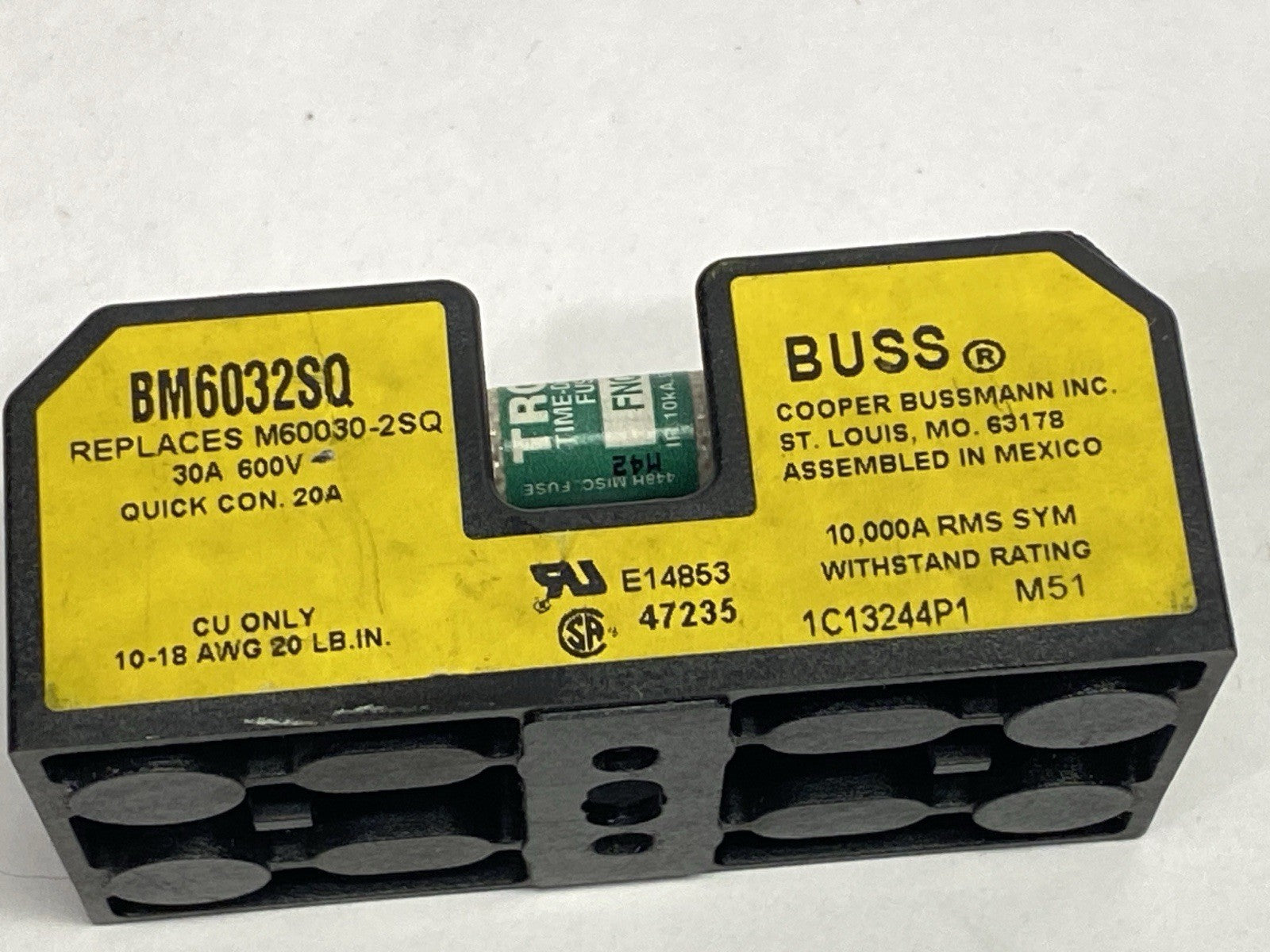 BM6032SQ | Bussmann 2-Pole Midget Fuse Block 30A 600V w/ TRON FNQ-3 Fuses - Used - Maverick Industrial Sales