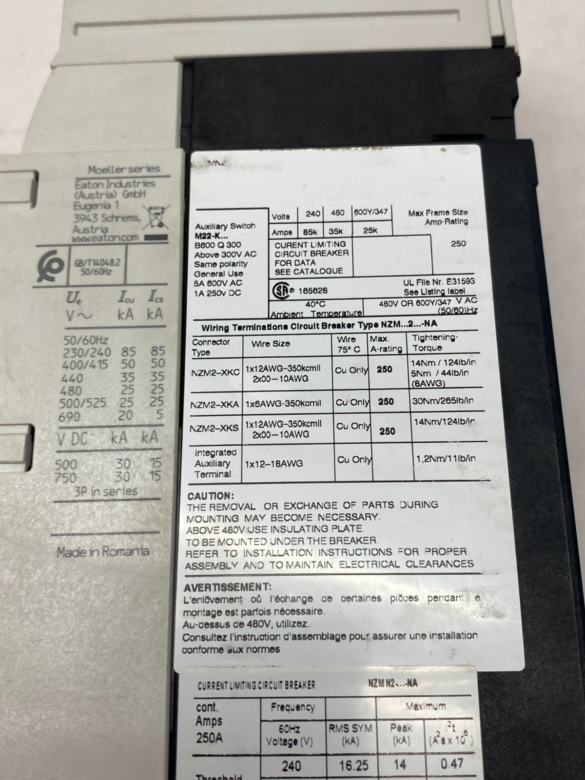 Eaton NZMN2-A250-NA Molded Case Circuit Breaker 250A 3-Pole - Maverick Industrial Sales