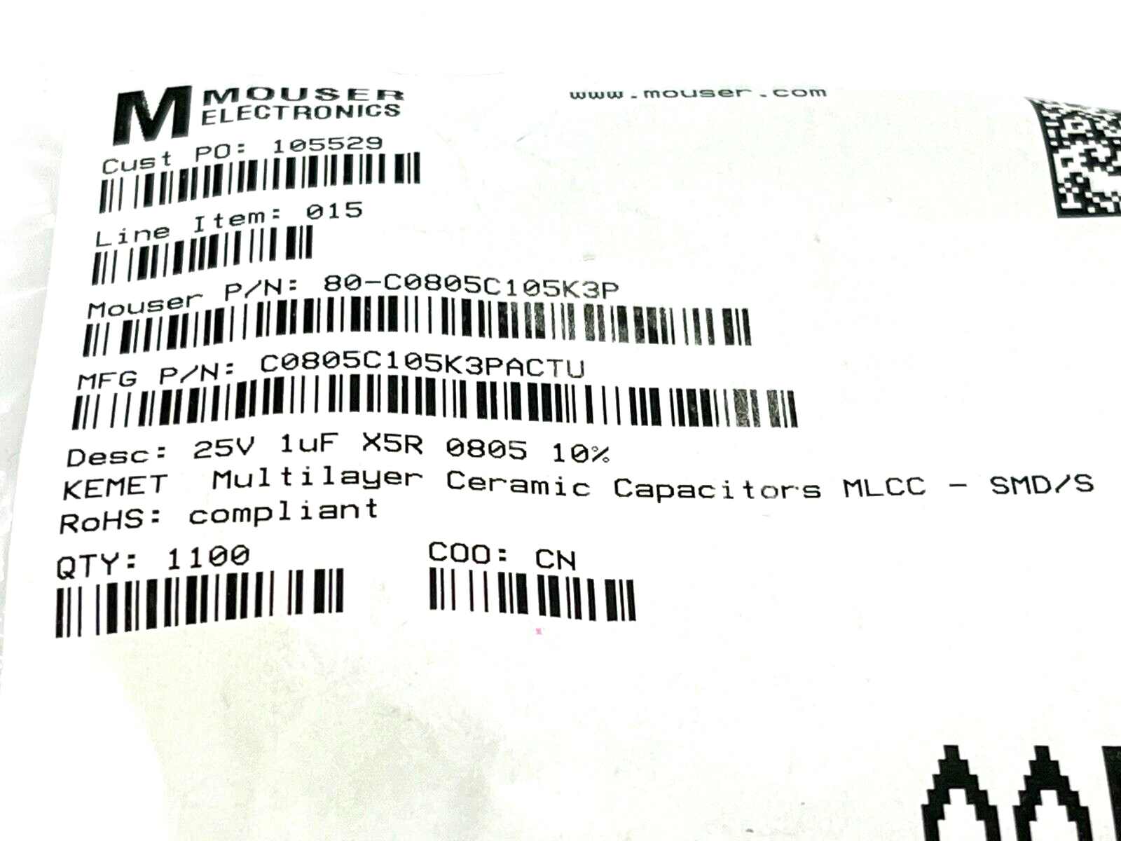 Kemet C0805C105K3PACTU Multilayer Ceramic Capacitors SMD/SMT 25V 1uF X5R 1100QTY - Maverick Industrial Sales