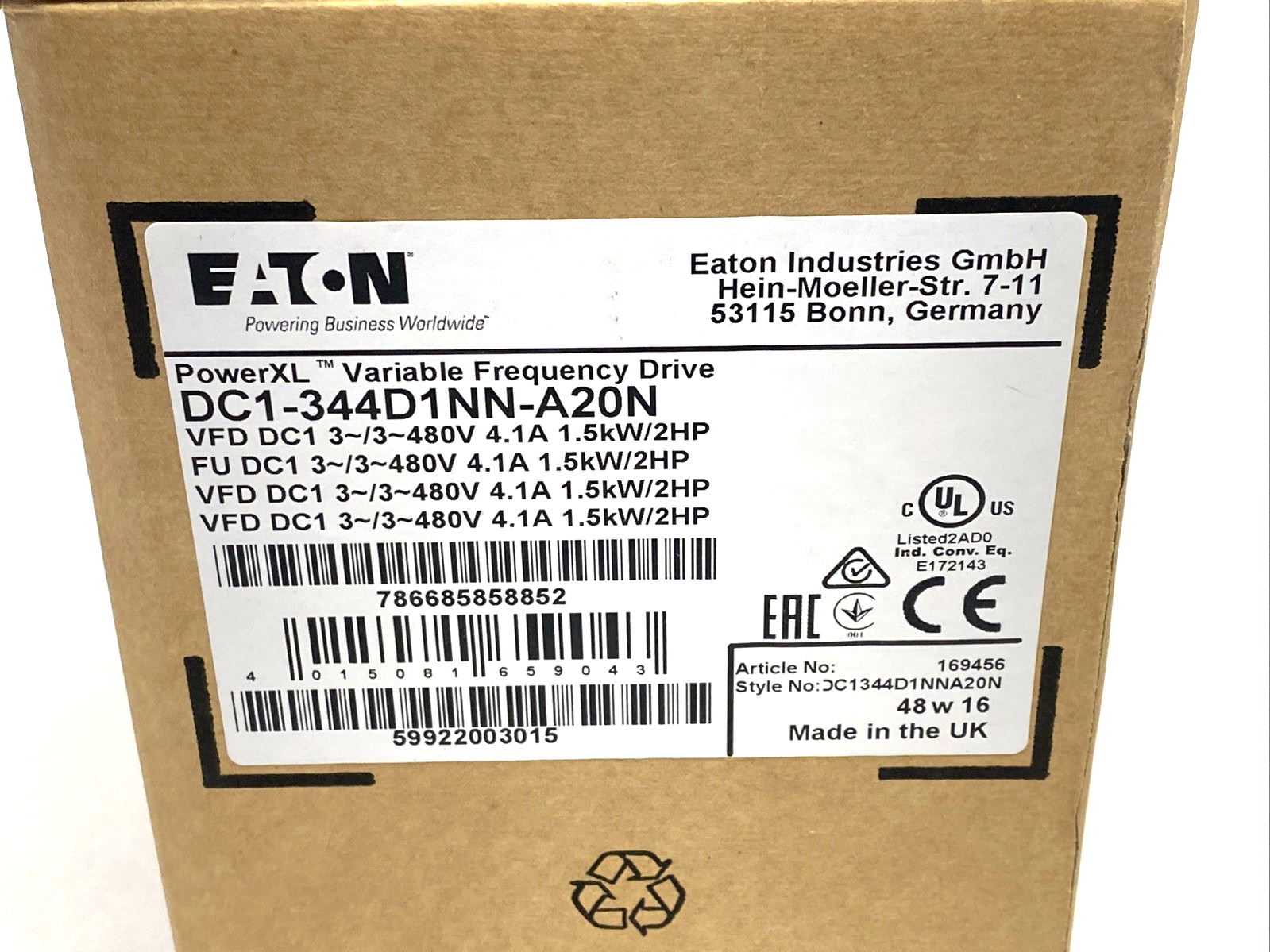 Eaton DC1-344D1NN-A20N PowerXL Variable Frequency Drive 3PH 480VAC 4.1A 1.5kW - Maverick Industrial Sales