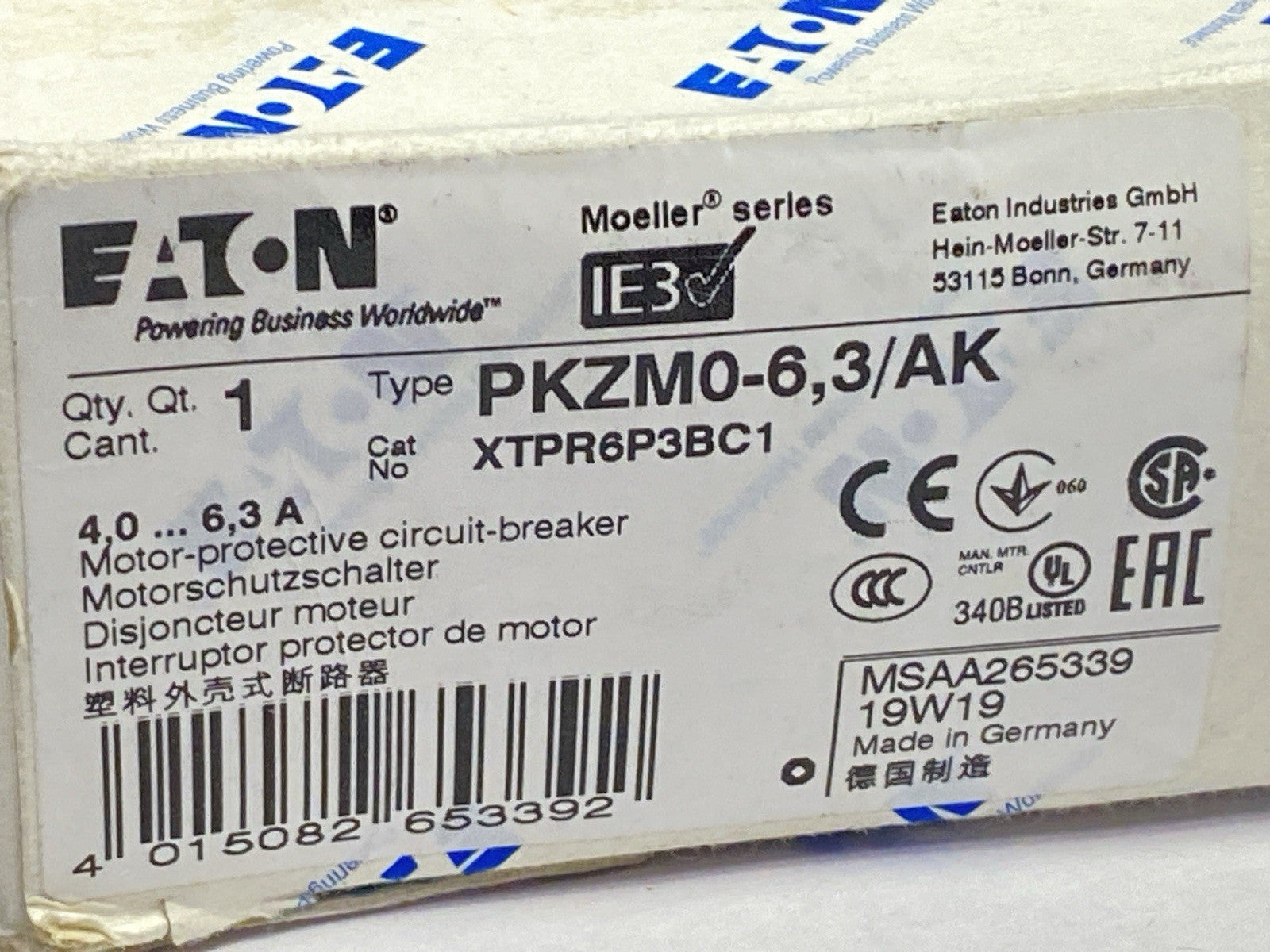 PKZM0-6,3/AK | Eaton Motor-Protective Circuit Breaker 3-P 4-6.3A XTPR6P3BC1 265339 - New – Open box - Maverick Industrial Sales