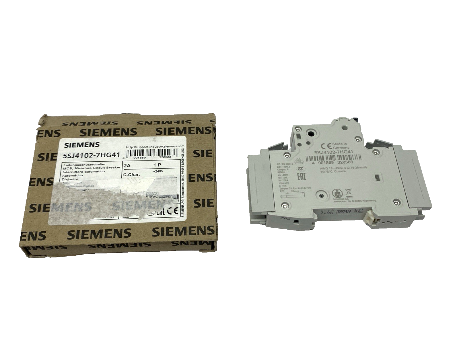 Siemens 5SJ4102-7HG41 Miniature Circuit Breaker 1-Pole C-Trip 240V 14kA 2A - Maverick Industrial Sales