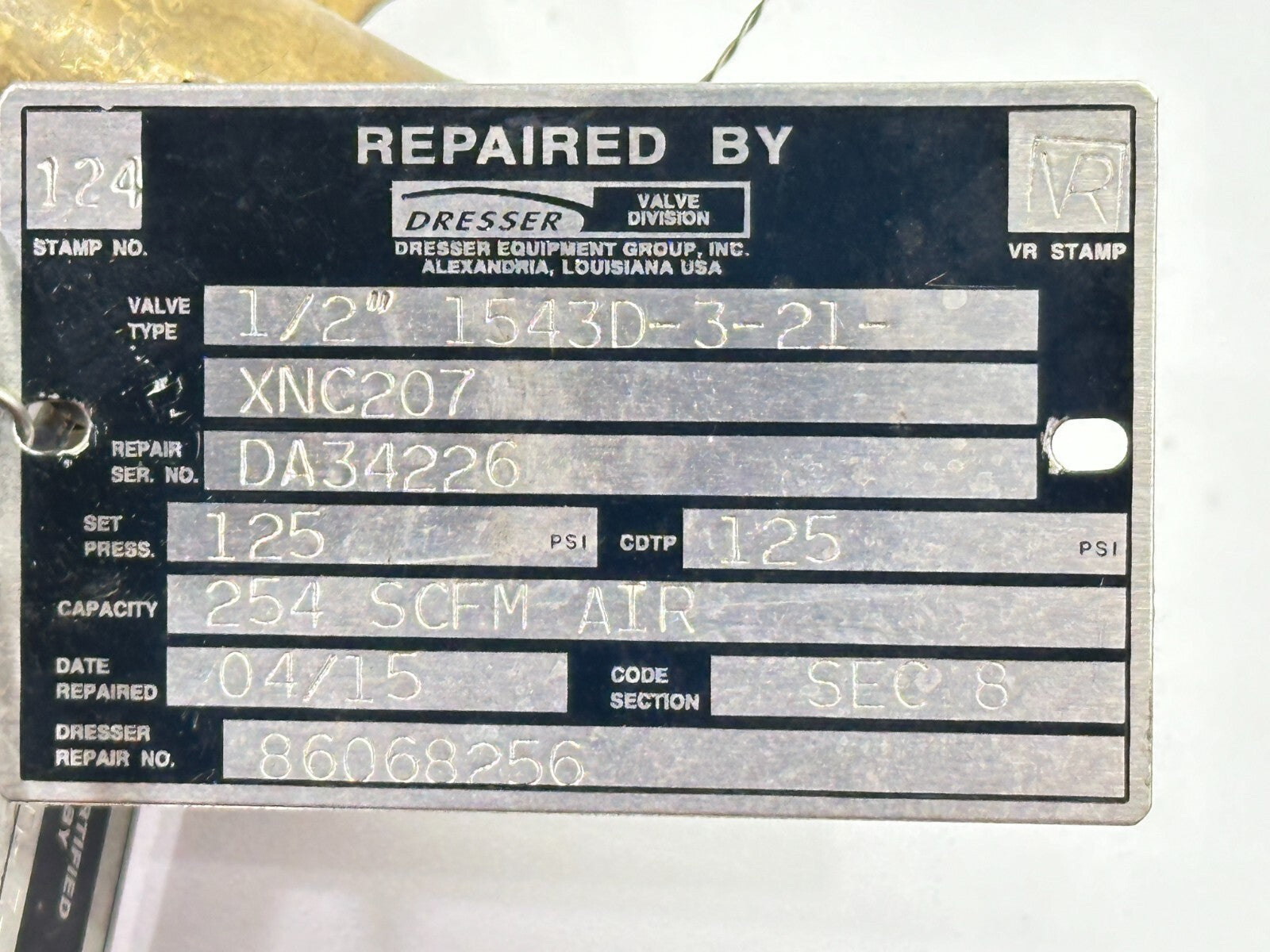 Dresser 1543D-3-21-XNC207 Safety Relief Valve 254 SCFM 1/2" x 1/4" - New – Open box - Maverick Industrial Sales
