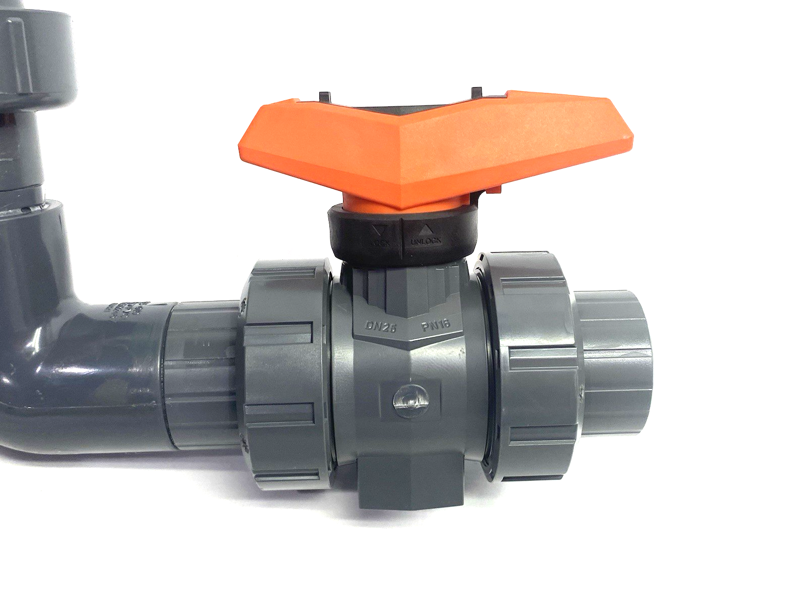 161546244 | Georg Fischer Typ 546 Pro Ball Valve PVC-U, 1" Socket Ends, to Rt Angle Adapter - New – Open box - Maverick Industrial Sales