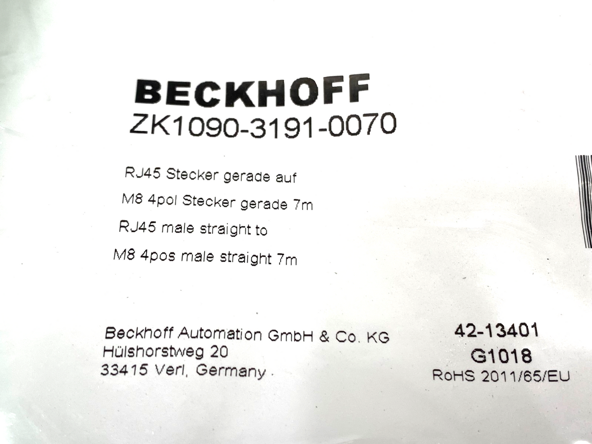 Beckhoff ZK1090-3191-0070 Double Ended EtherCAT Cable RJ45 to M8 M/M 4-Pin 7m - Maverick Industrial Sales