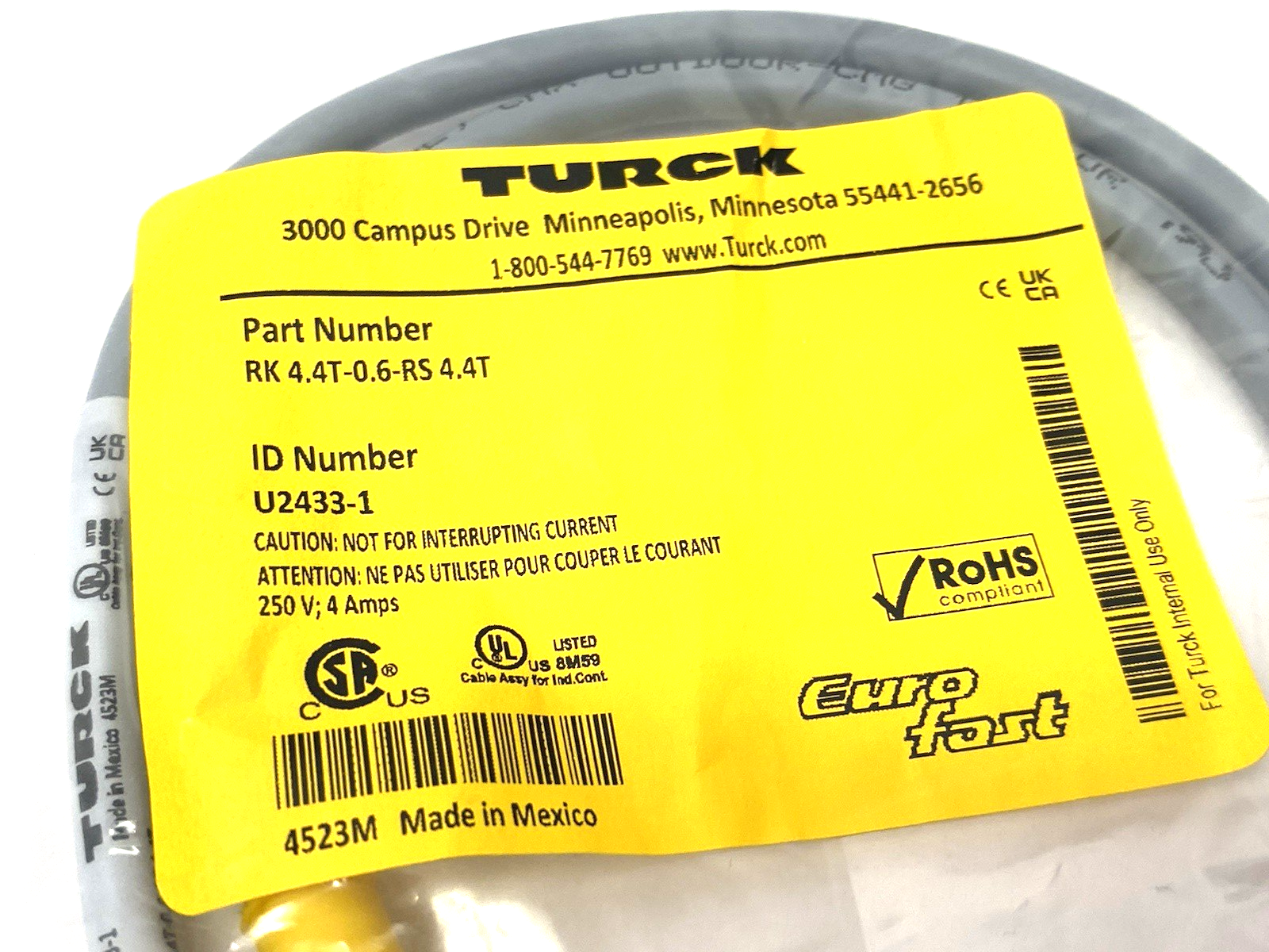 RK 4.4T-0.6-RS 4.4T | Turck Eurofast Sensor/Actuator Extension Cable 0.6m U2433-1 - New - Maverick Industrial Sales