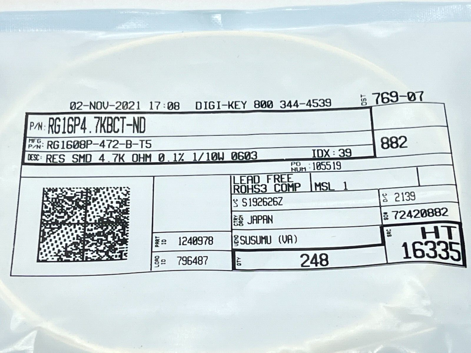 Susumu RG1608P-472-B-T5 Thin Film Resistors SMD 1/10W 4.7K 0.1% 0603 1100QTY - Maverick Industrial Sales