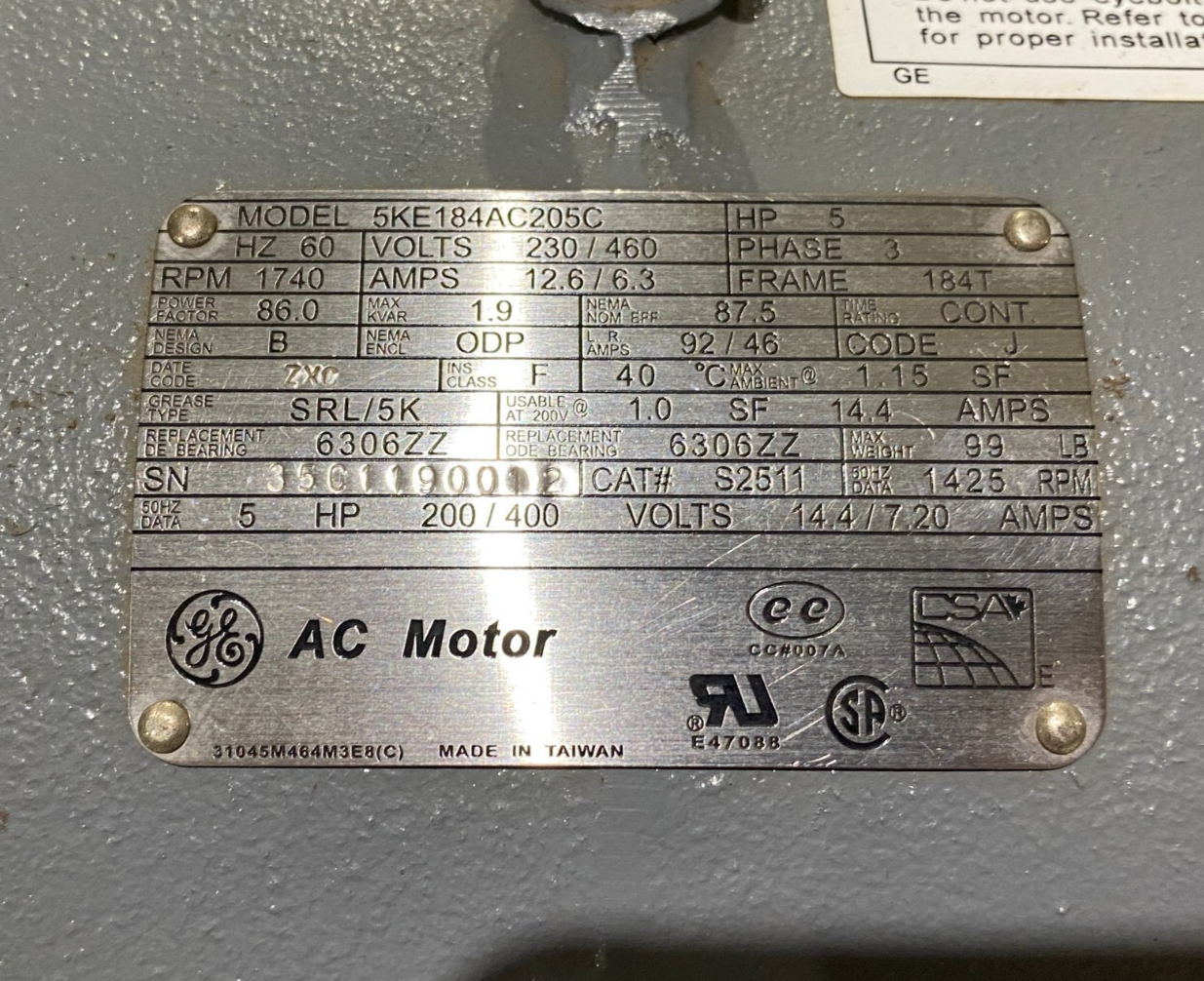 General Electric 5KE184AC205C 3-Phase AC Motor 5HP 1740rpm 230/460V S2511 - Maverick Industrial Sales