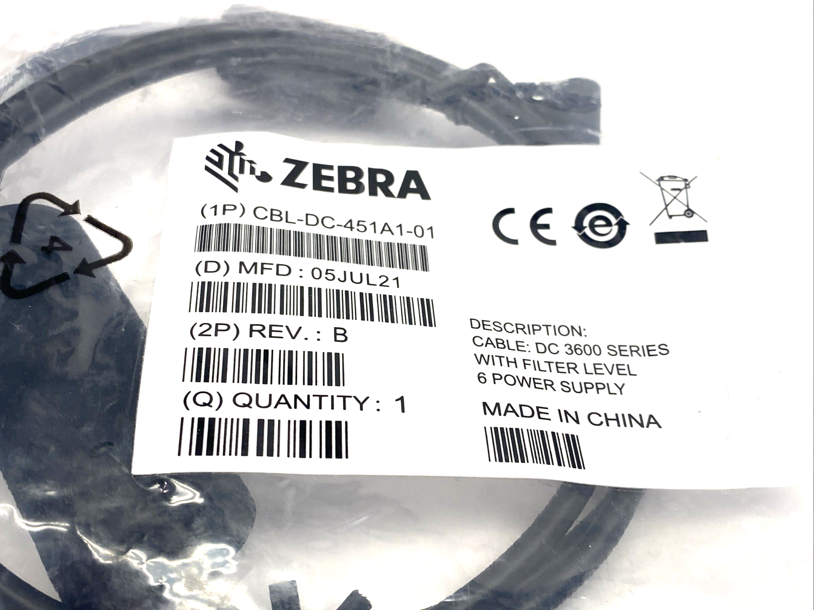 Zebra CBL-DC-451A1-01 3600 Series DC Power Line Cable - Maverick Industrial Sales