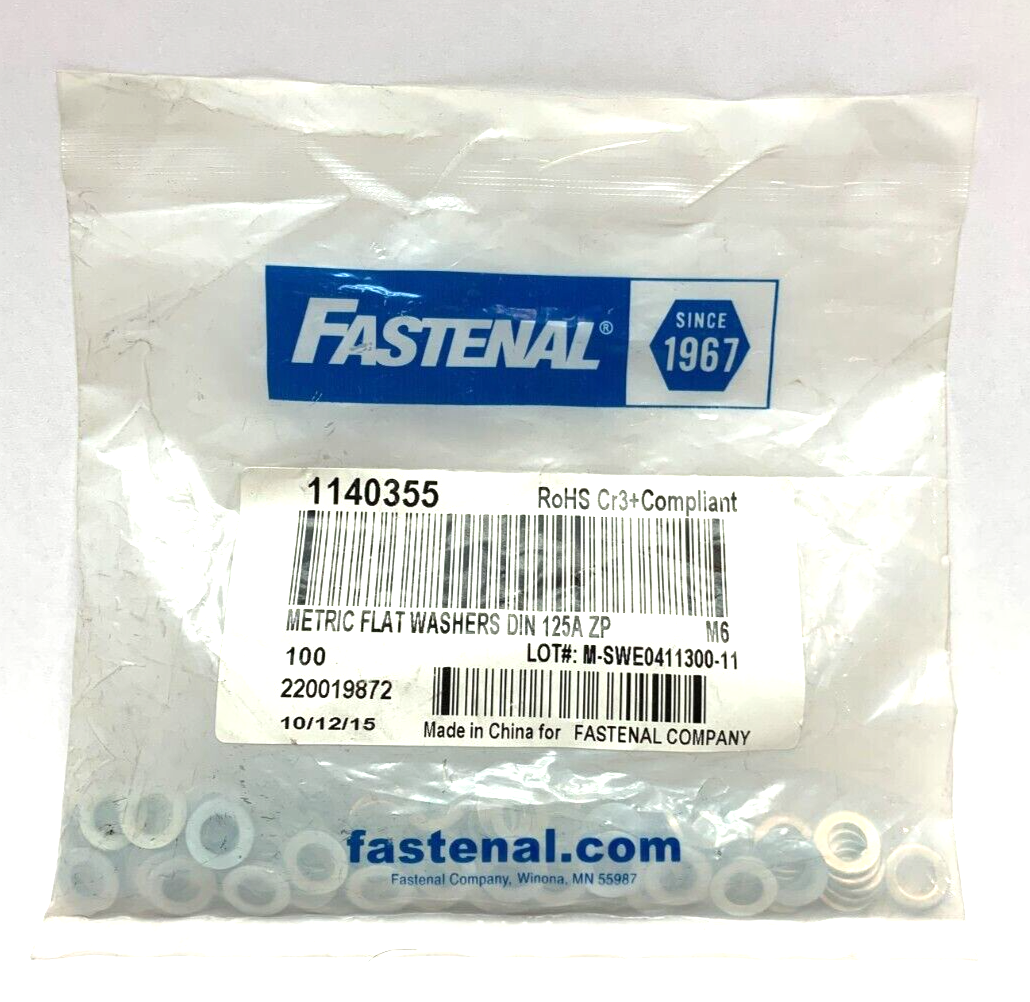Fastenal 1140355 Metric Flat Washers DIN 125A ZP M6 PACK OF 100 - Maverick Industrial Sales