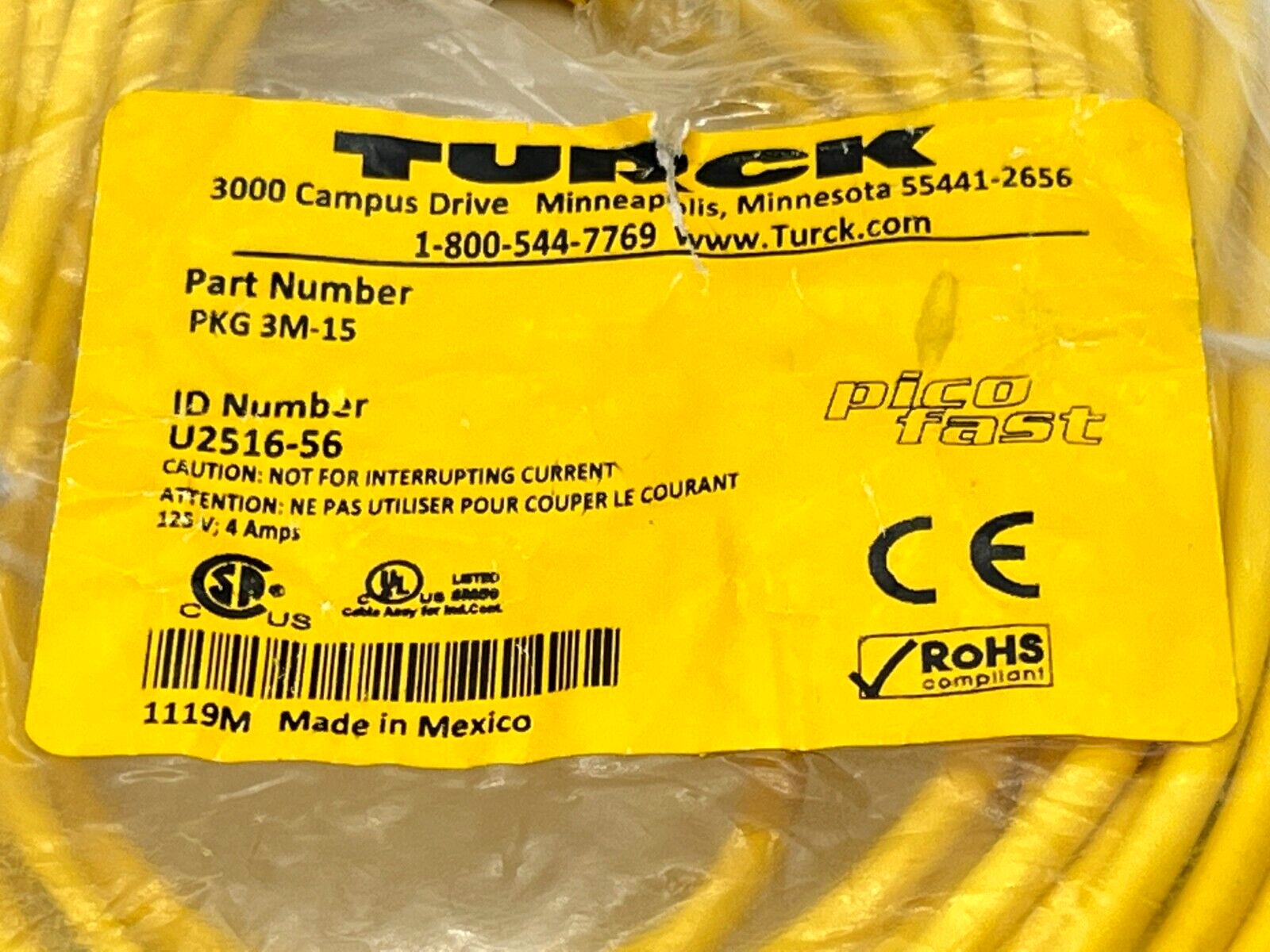 PKG 3M-15 | Turck Picofast Cordset M8 Female 3-Pin 15m U2516-56 - New - Maverick Industrial Sales