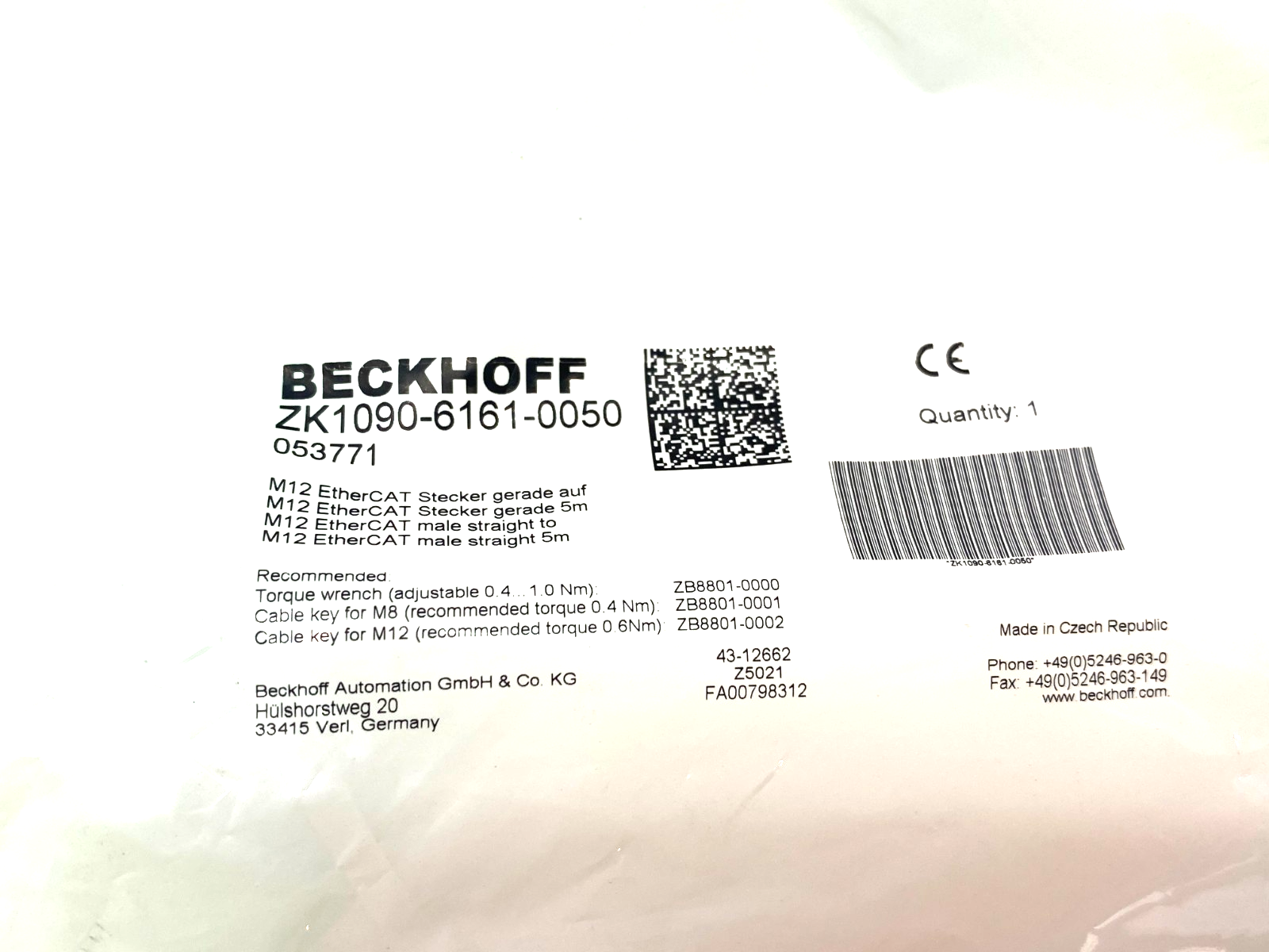 Beckhoff ZK1090-6161-0050 Double Ended EtherCAT Cable M12 4-Pin 053771 - Maverick Industrial Sales