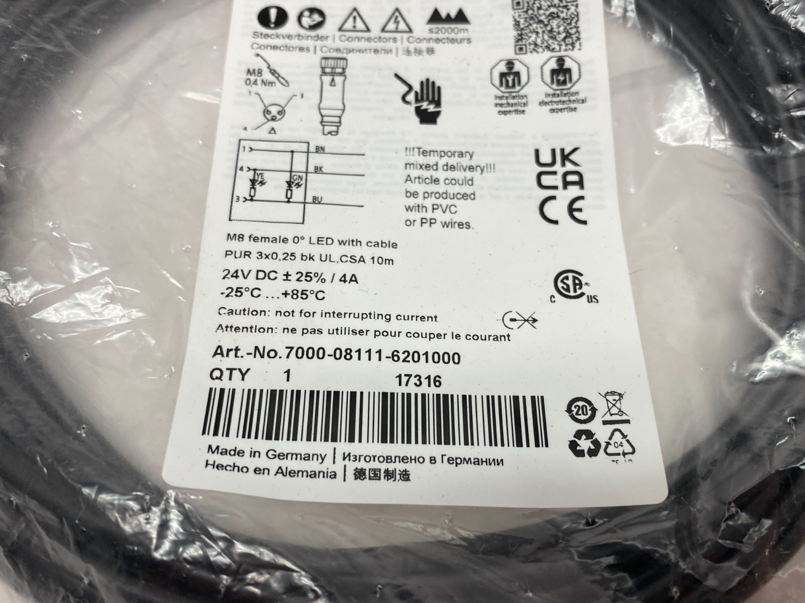 Murrelektronik 7000-08111-6201000 Single Ended M8 Female 0° LED Cordset - Maverick Industrial Sales