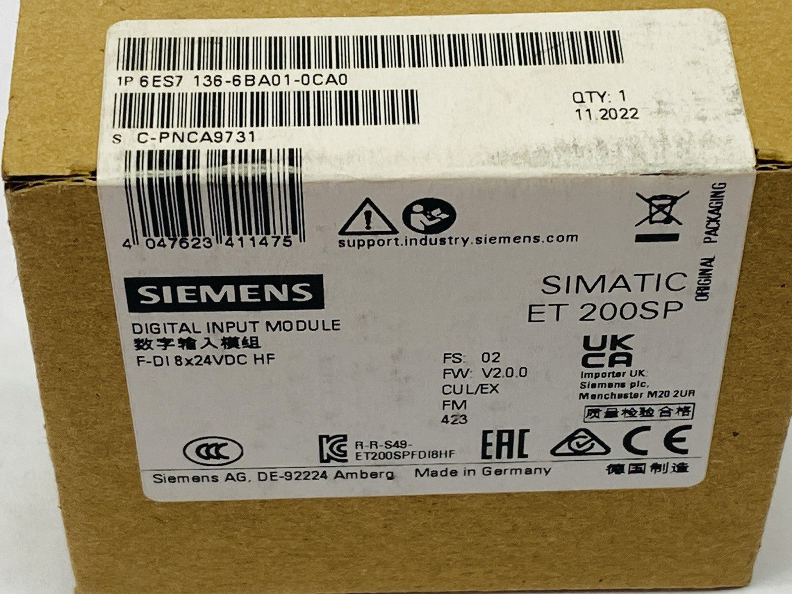 Siemens 6ES7136-6BA01-0CA0 SIMATIC ET 200SP Digital Input Module F-DI 8x 24VDC - Maverick Industrial Sales