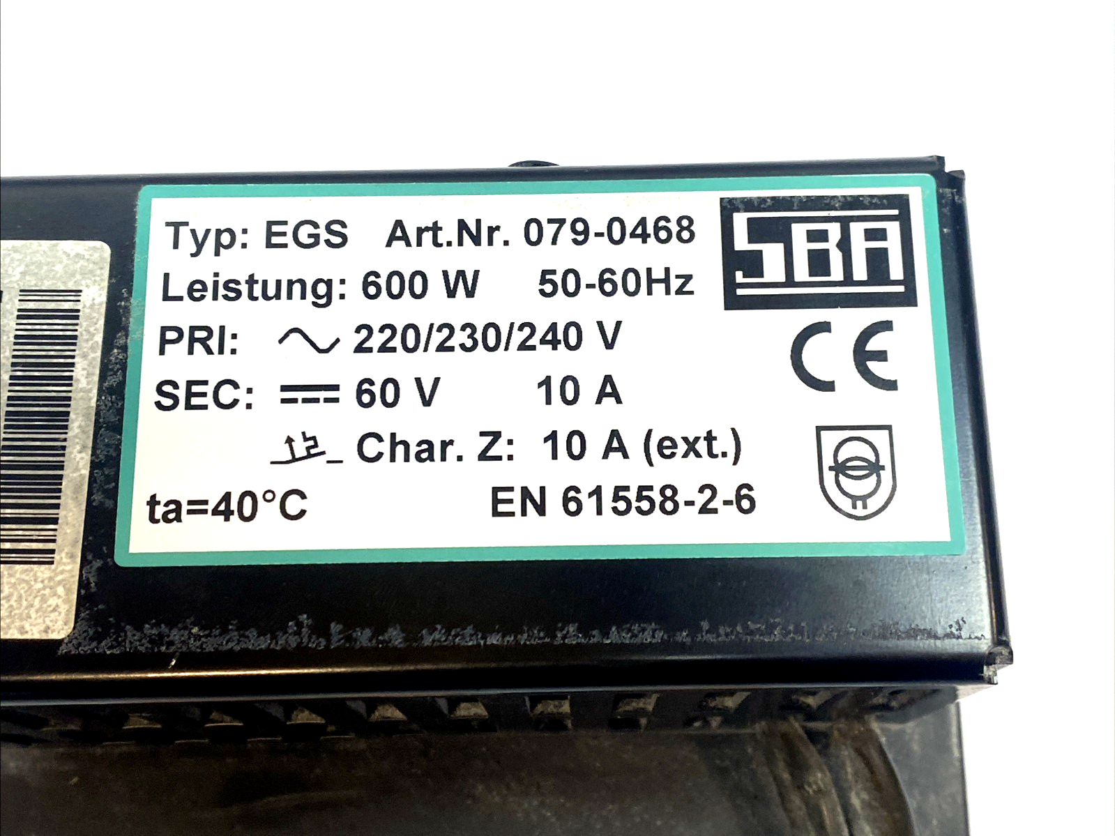 SBA EGS 079-0468 600W 60V 10A Safety Isolating Transformer 220/240V - Maverick Industrial Sales