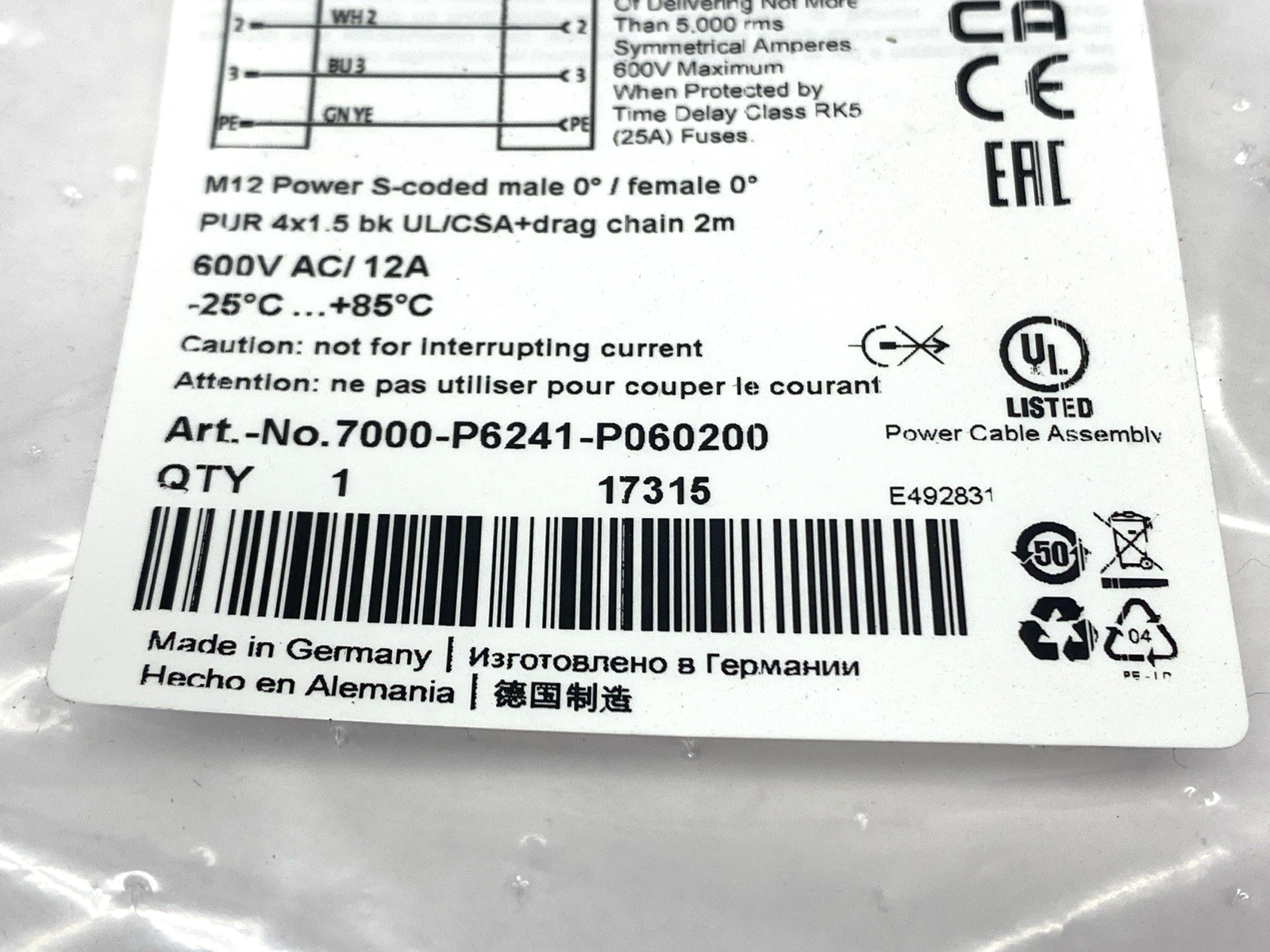 Murrelektronik 7000-P6241-P060200 Double-Ended Cordset Male to Female M12 2m - Maverick Industrial Sales