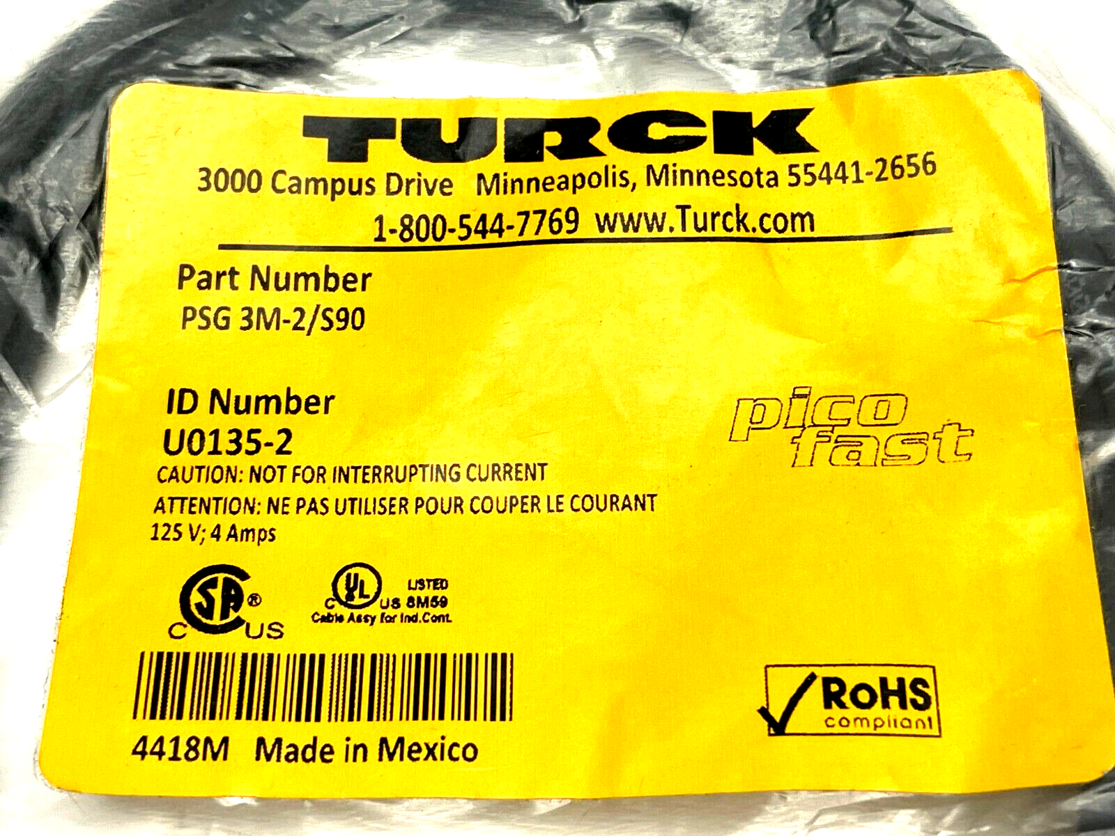 PSG 3M-2/S90 | Turck Picofast Single Ended Cordset M8 Male 2m Length U0135-2 - New - Maverick Industrial Sales
