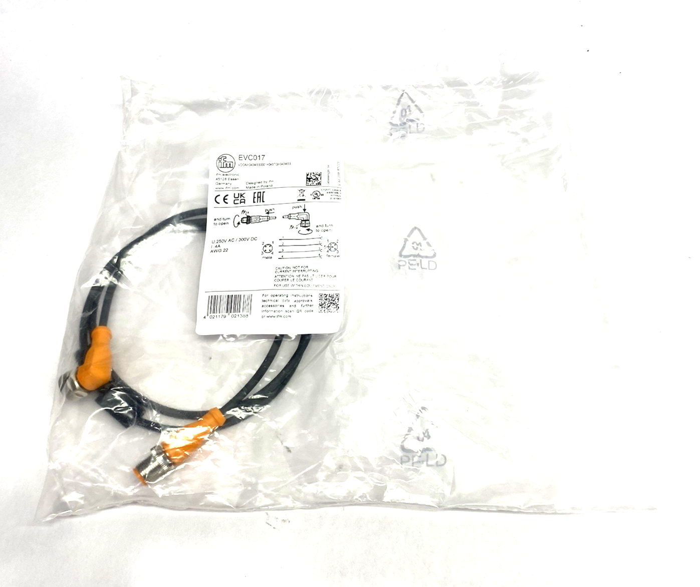 EVC017 | Ifm Right Angle Connection Cable M12 1m VDOAH040MSS0001H04STGH040MSS - New - Maverick Industrial Sales