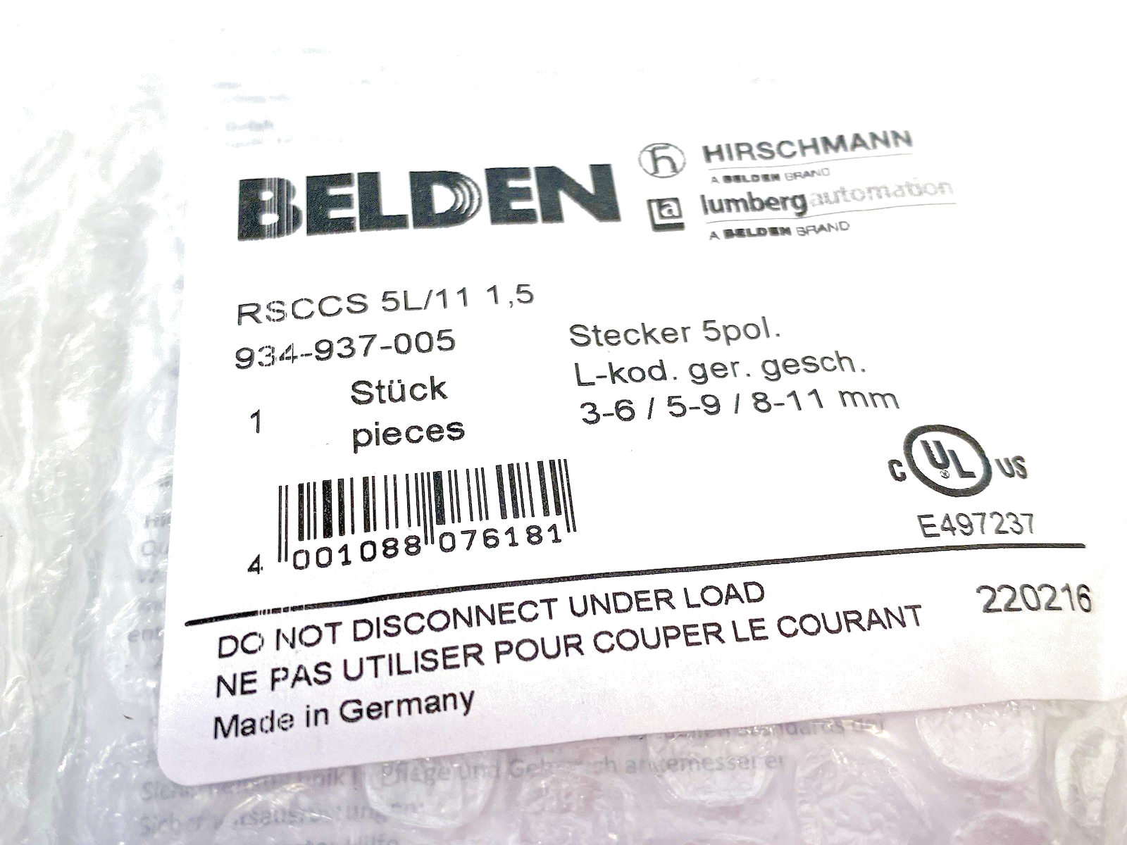 RSCCS 5L/11 1,5 | Belden Straight Male Cable Connector 5-Pin L-Coded 934937005 - New - Maverick Industrial Sales
