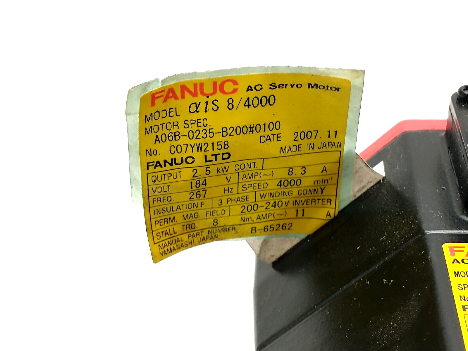 Fanuc A06B-0235-B200#0100 AiS 8/4000 AC Servo Motor 3PH 2.5kW 200-240V C07YW2158 - Maverick Industrial Sales
