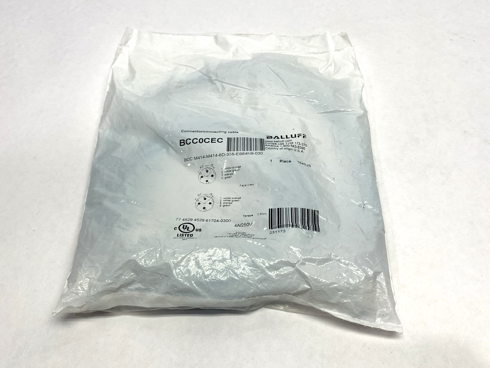 Baluff BCC M414-M414-6D-338-ES64N9-030 Double-Ended M12 Conector Cable BCC0CEC - New - Maverick Industrial Sales