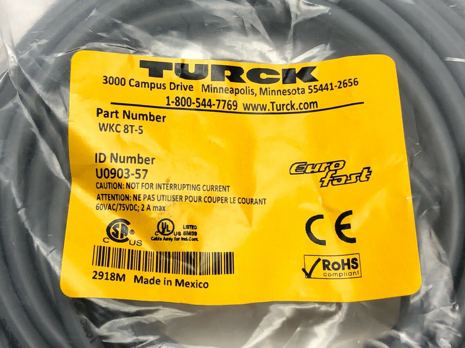 Turck WKC 8T-5 Single-ended Cordset Right angle Female Connector U0903-57 - Maverick Industrial Sales