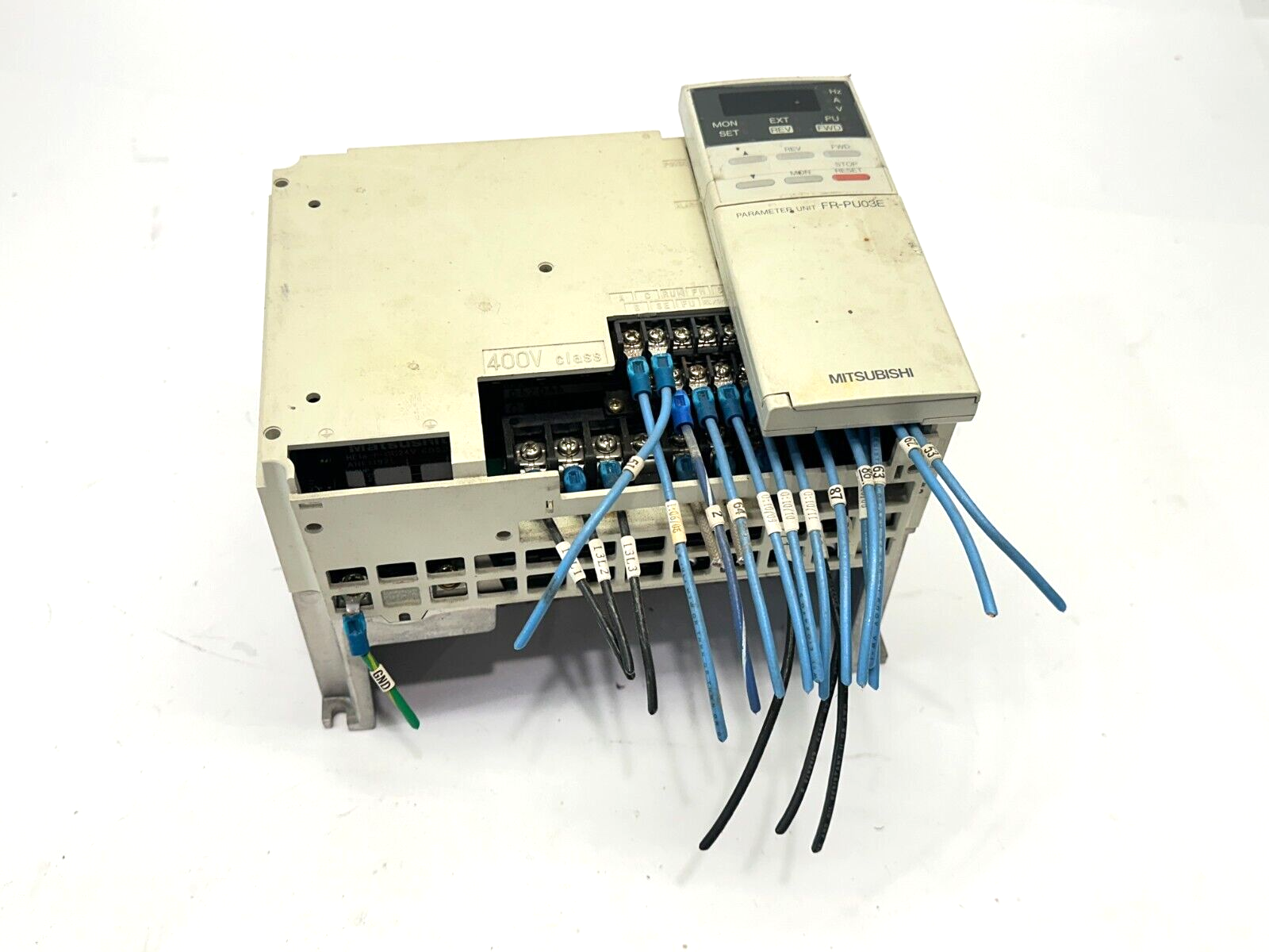 Mitsubishi FR-A044-1.5K-CD AC Drive 4A 2HP NO COVER w/ FR-PU03E Parameter Unit - Maverick Industrial Sales