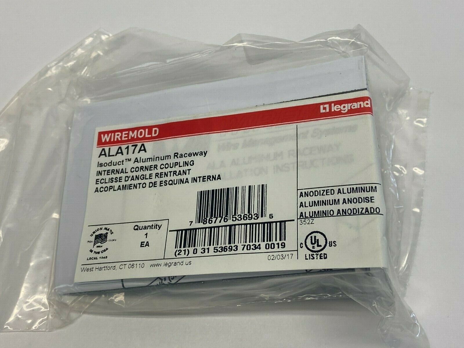 Wiremold ALA17A Isoduct Aluminum Raceway Internal Corner Coupling LOT OF 5 - Maverick Industrial Sales