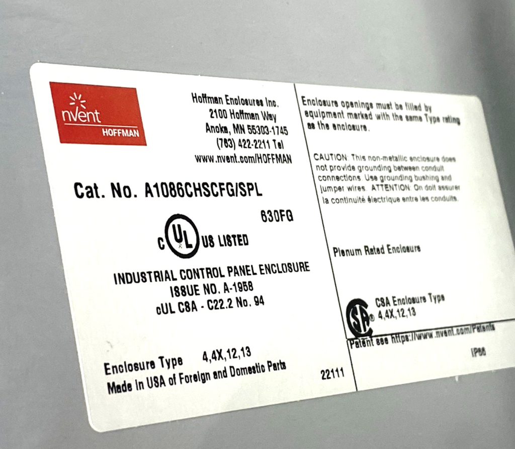 Hoffman A1086CHSCFG/SPL Fiberglass Enclosure For Allen Bradley 194R-KN