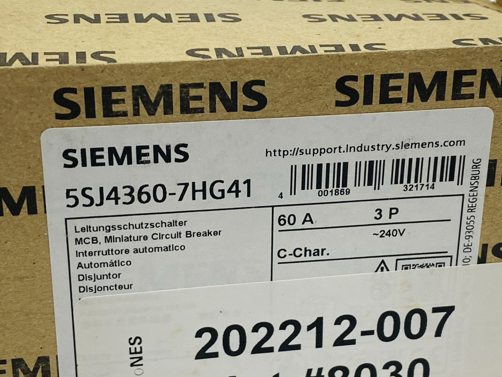 Siemens 5SJ4360-7HG41 Miniature Circuit Breaker 3-Pole 60A 240V - Maverick Industrial Sales