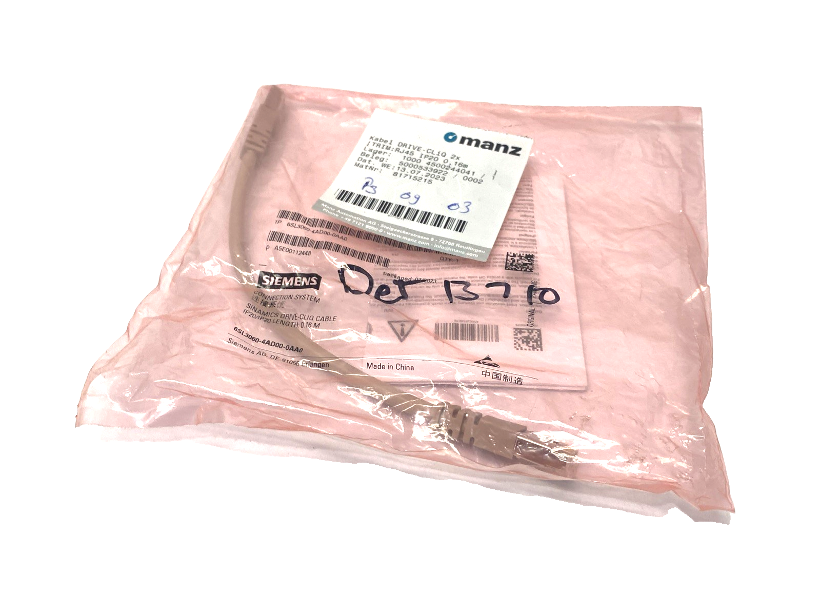 Siemens 6SL3060-4AD00-0AA0 SINAMICS DRIVE-CLIQ Cable RJ45 0.16m - Maverick Industrial Sales