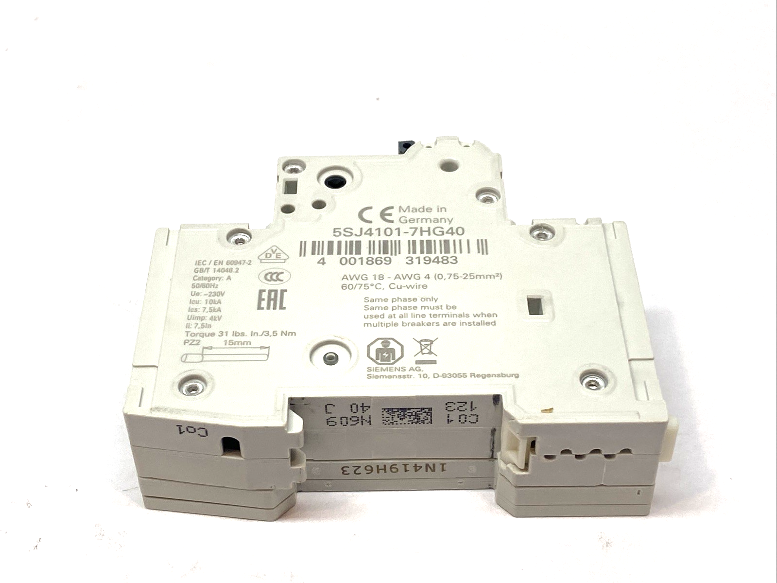 Siemens 5SJ4101-8HG40 Circuit Breaker 1-Pole 1A w/ 5ST3010 Circuit Switch - Maverick Industrial Sales